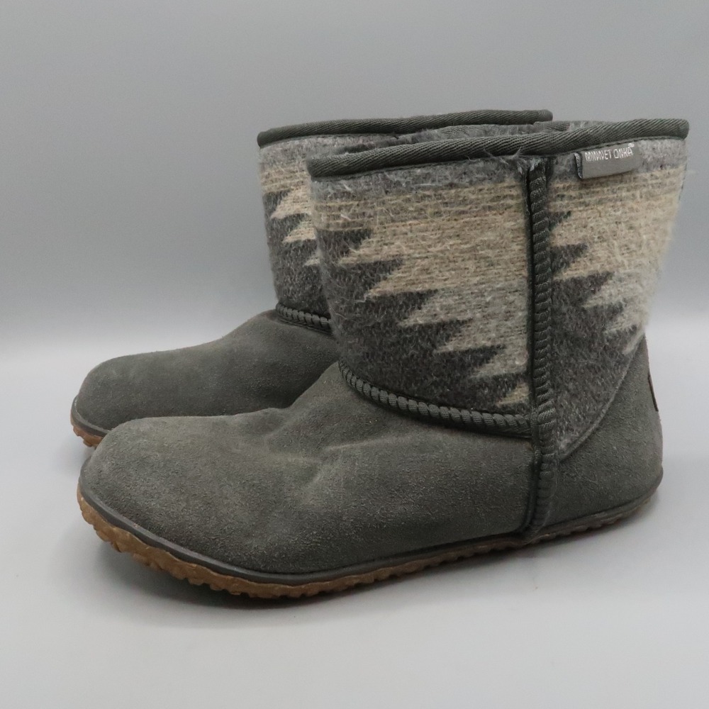 Minnetonka Womens Suede‎ Tali Winter Boots 10M Suede Fabric Gray Faux Fur Lining